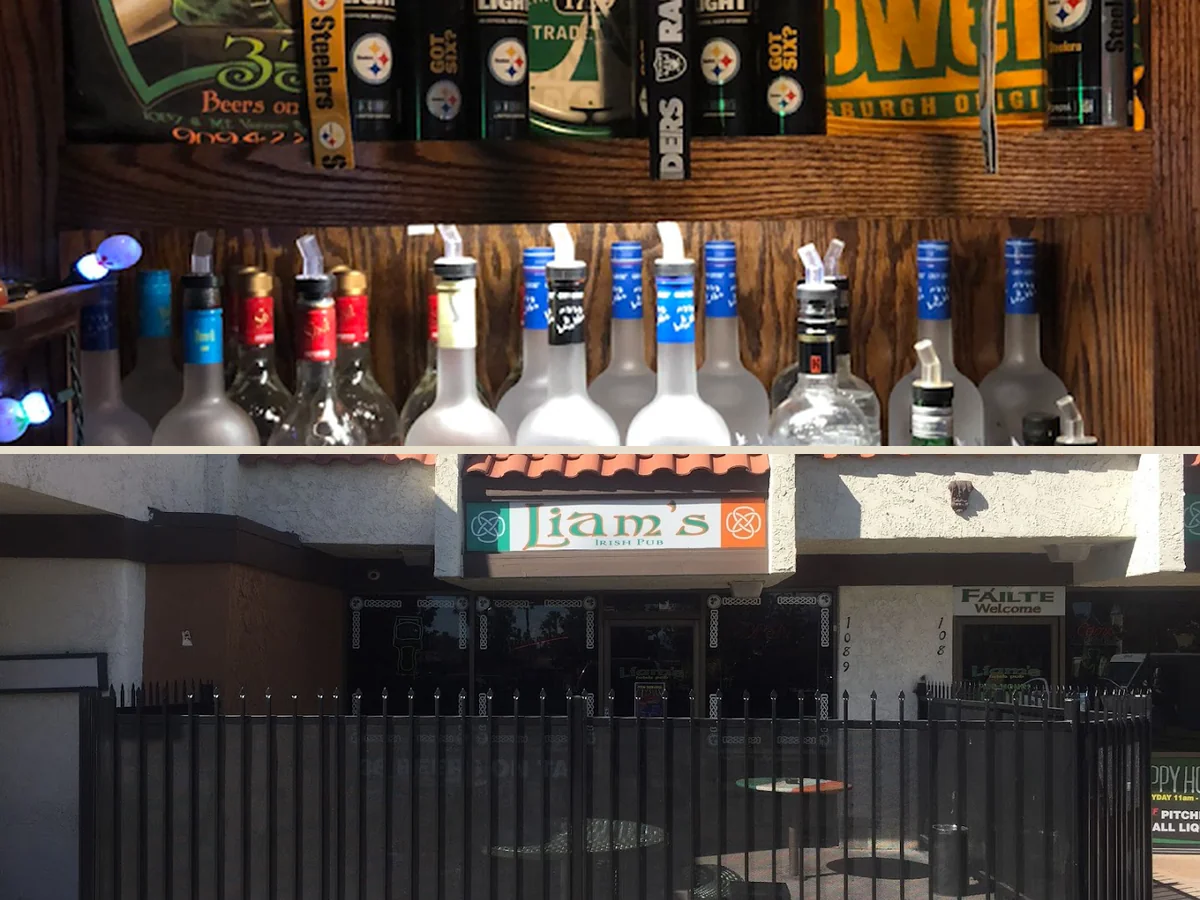 Irish-themed bar with wood accents.